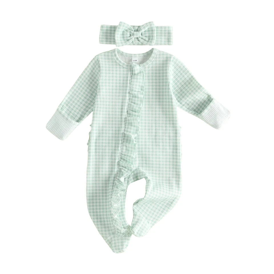 Gingham Ruffle Footie + Matching Bow