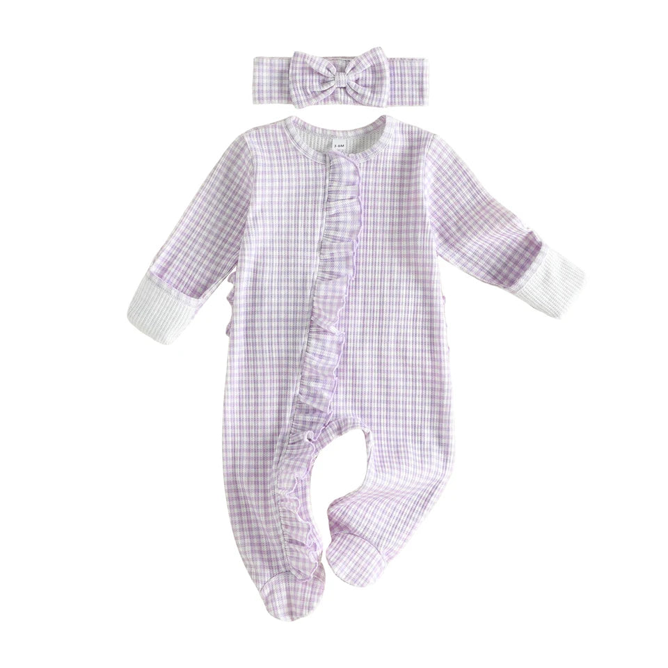 Gingham Ruffle Footie + Matching Bow