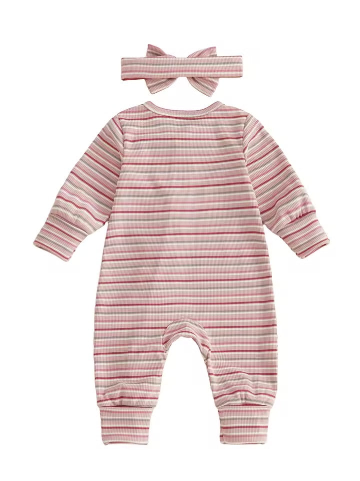 Mauve Stripe Ruffle Zip Romper Bow Set