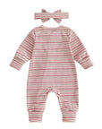 Mauve Stripe Ruffle Zip Romper Bow Set