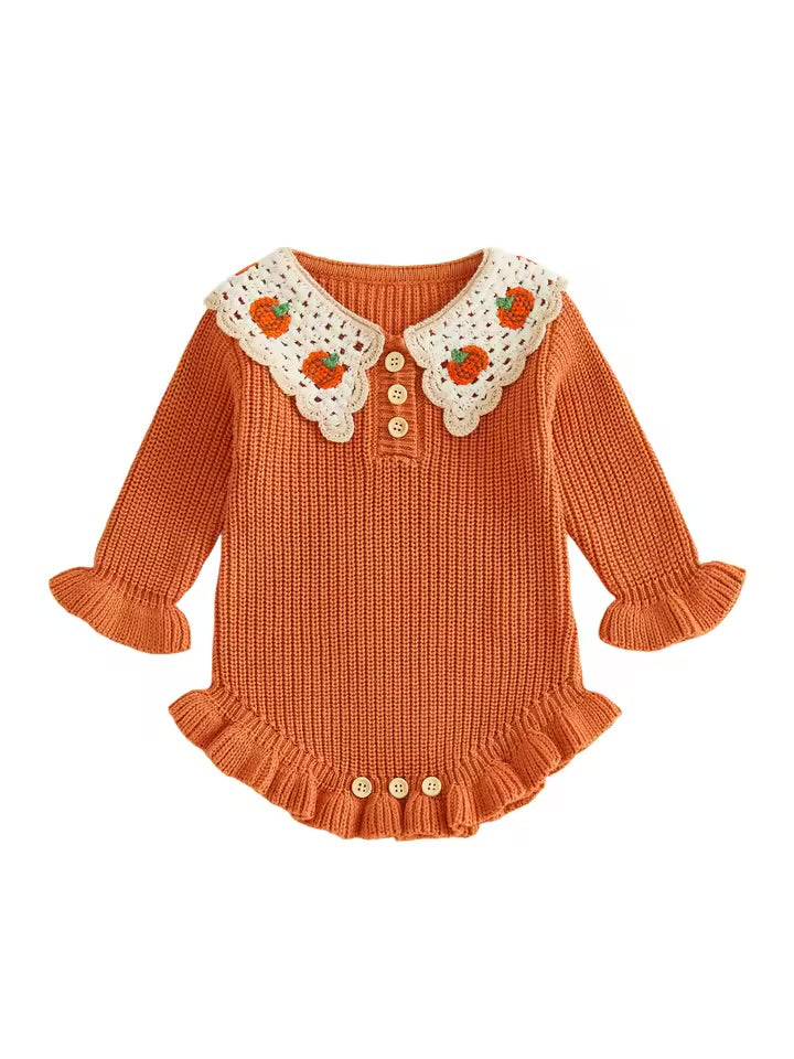Pumpkin Patch Crochet Collar Knit Romper
