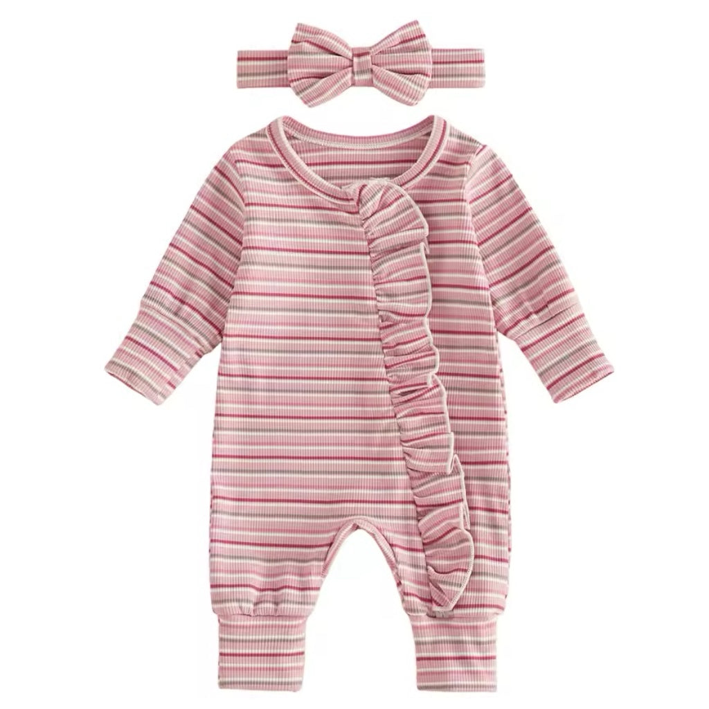 Mauve Stripe Ruffle Zip Romper Bow Set