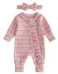 Mauve Stripe Ruffle Zip Romper Bow Set