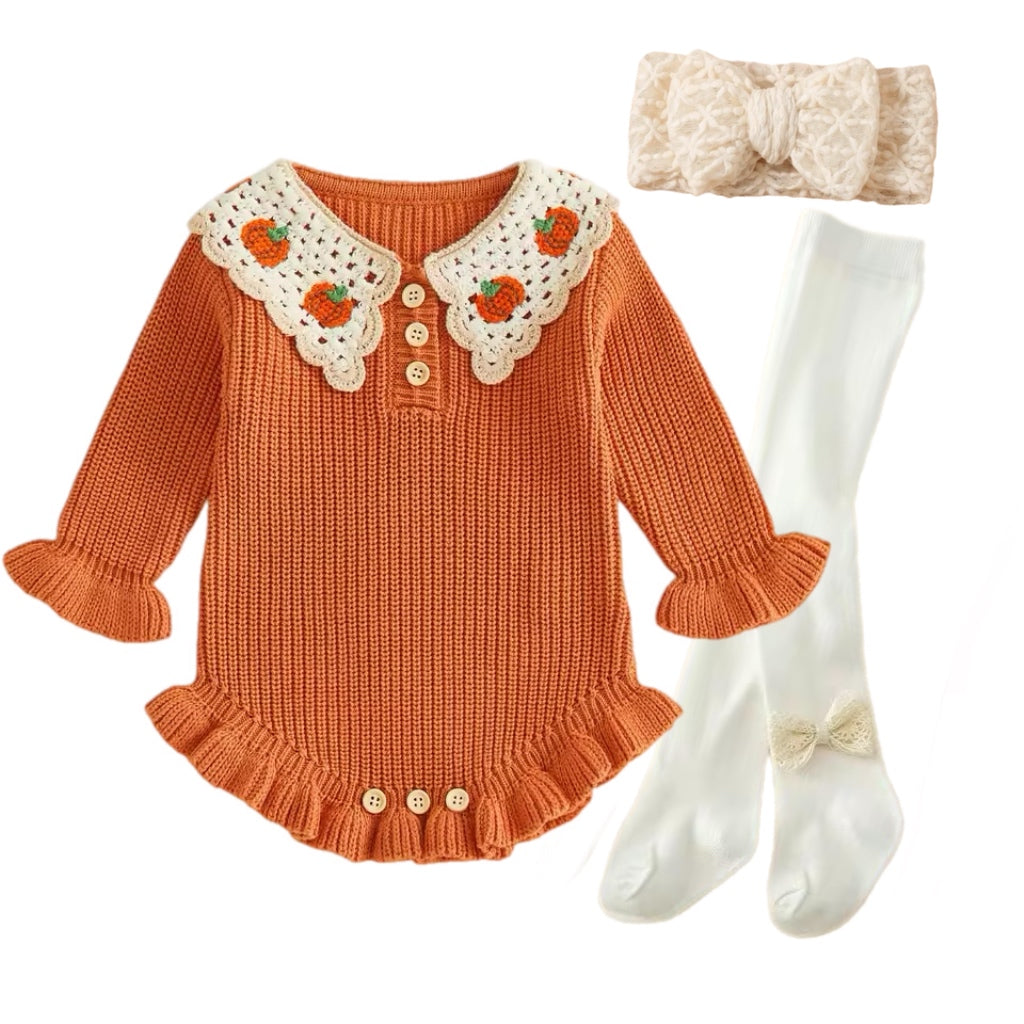 Pumpkin Patch Crochet Collar Knit Romper