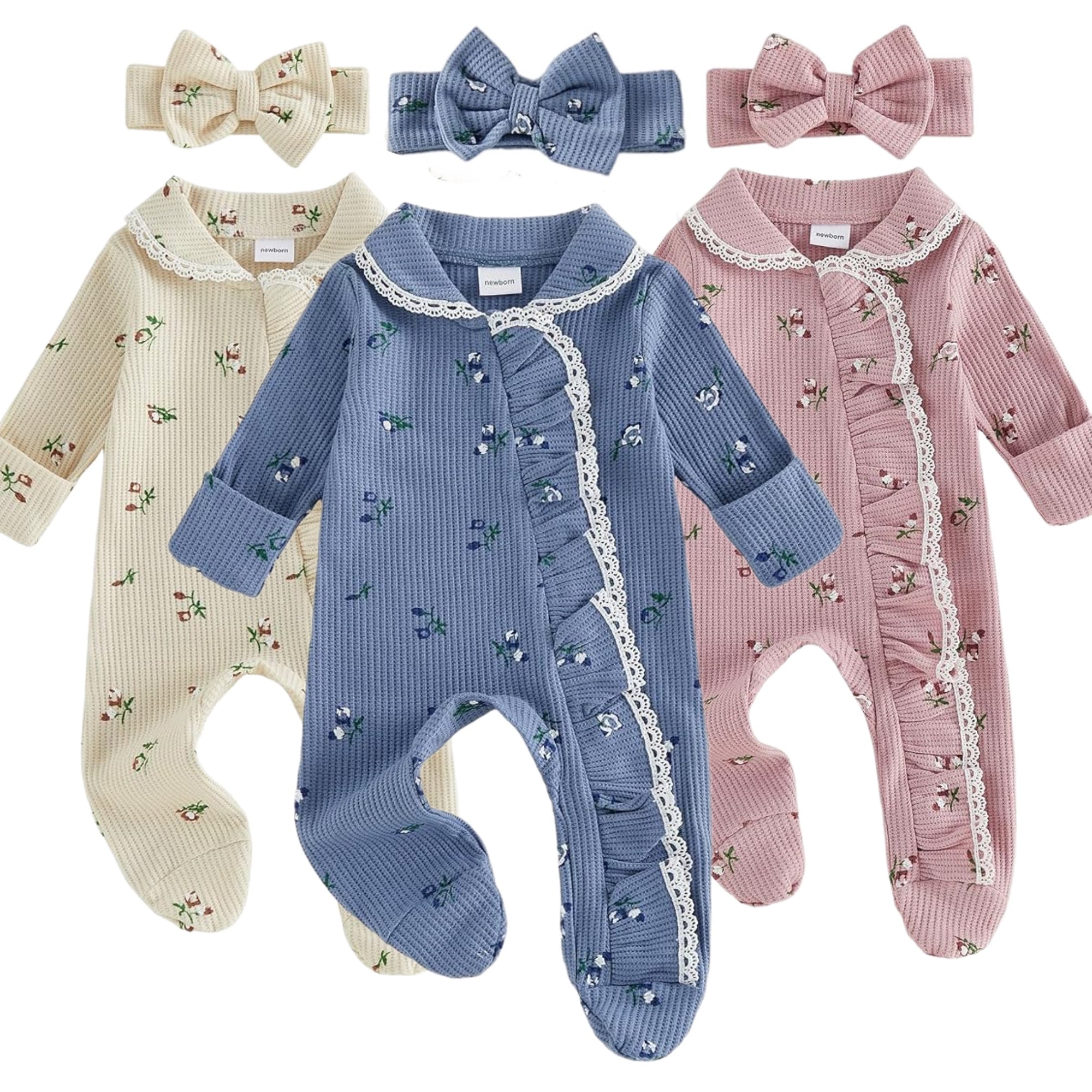 Vintage Bloom Waffle Knit Ruffle Footie &amp; Bow Set