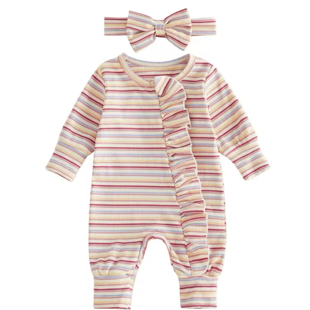 Pastel Stripe Ruffle Zip Romper Bow Set