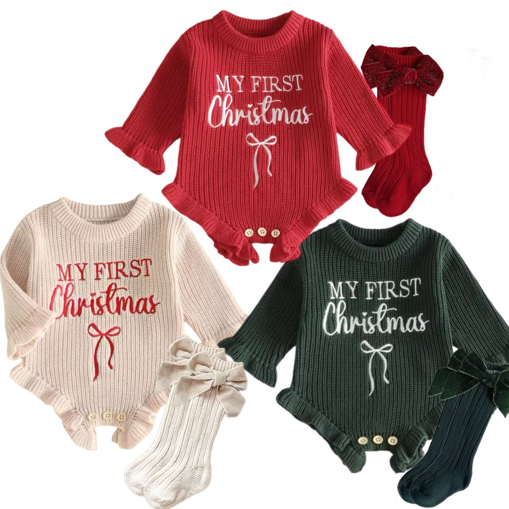 First Christmas Ruffle Sweater Romper