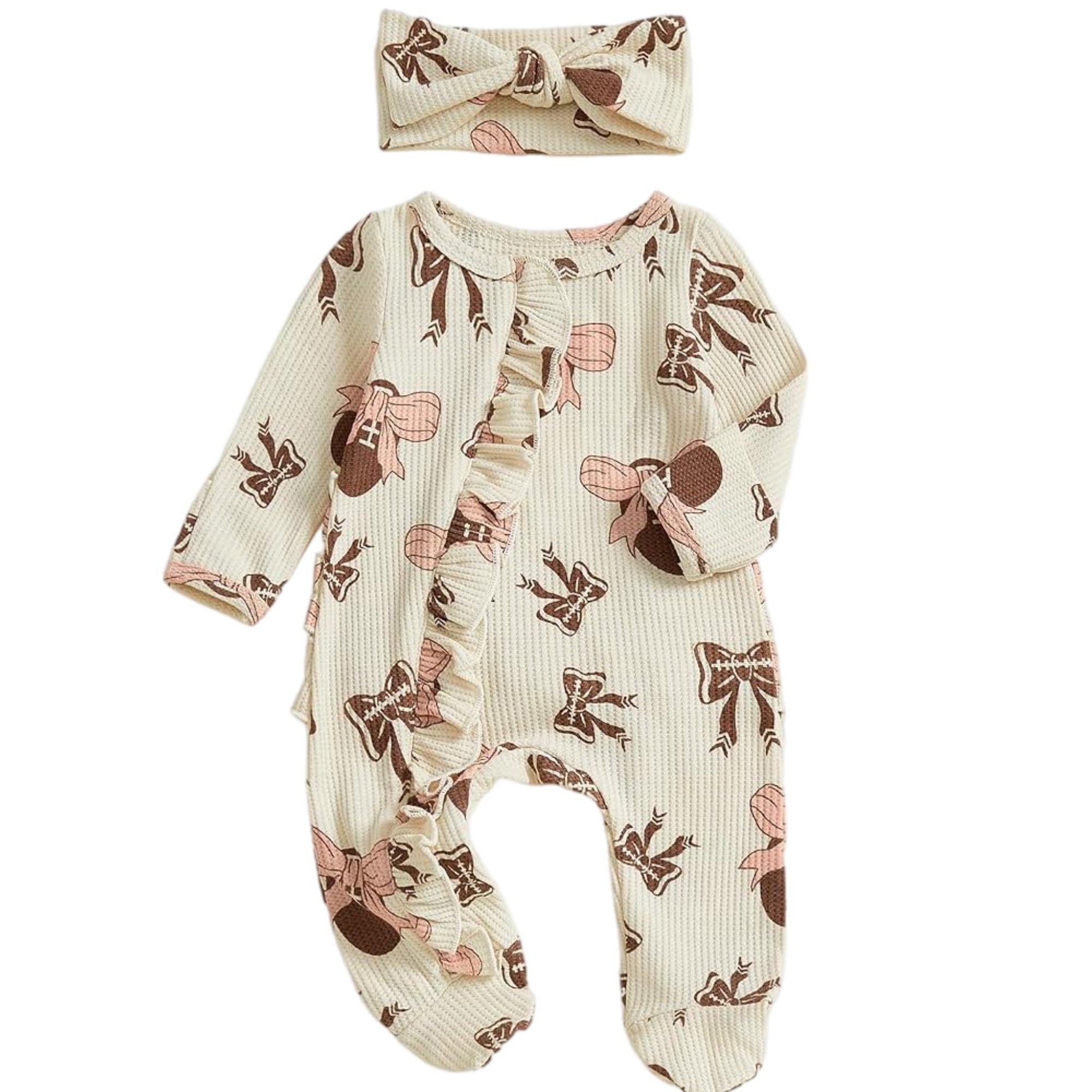Pink Football Bow Baby Ruffle Footie