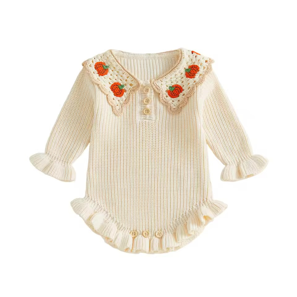 Pumpkin Patch Crochet Collar Knit Romper (Cream)