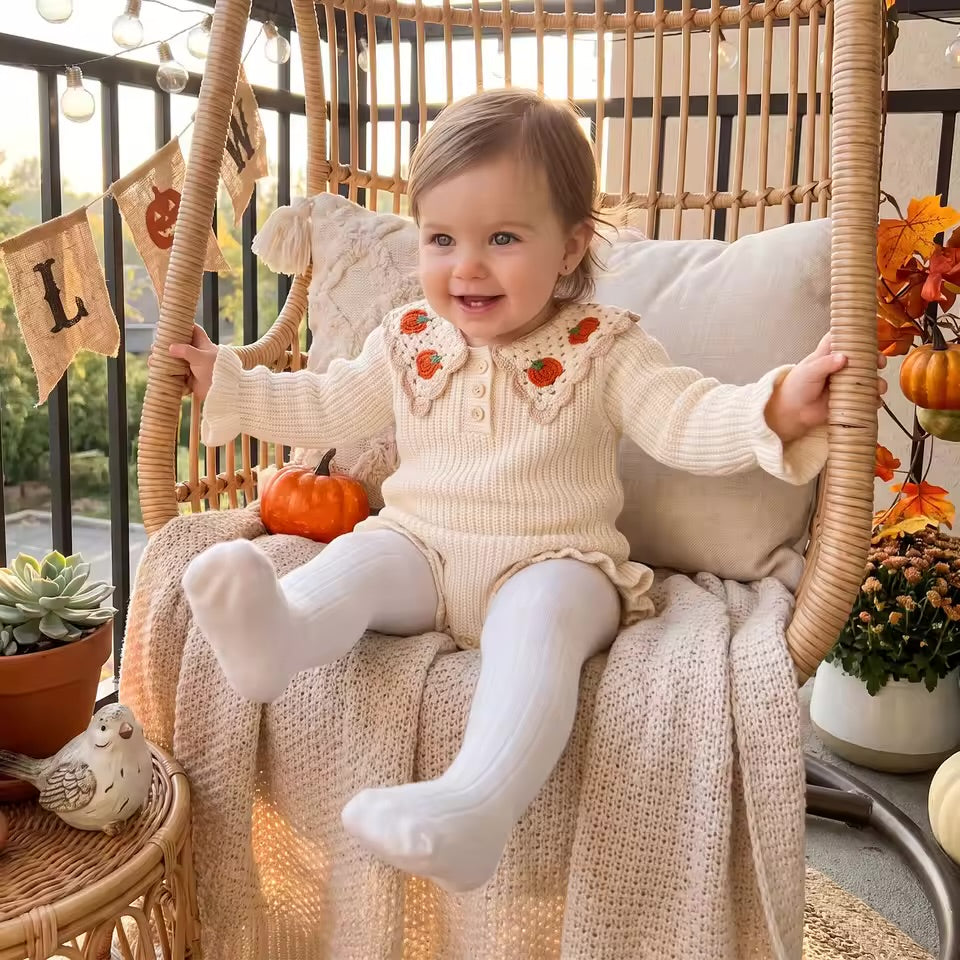 Pumpkin Patch Crochet Collar Knit Romper (Cream)