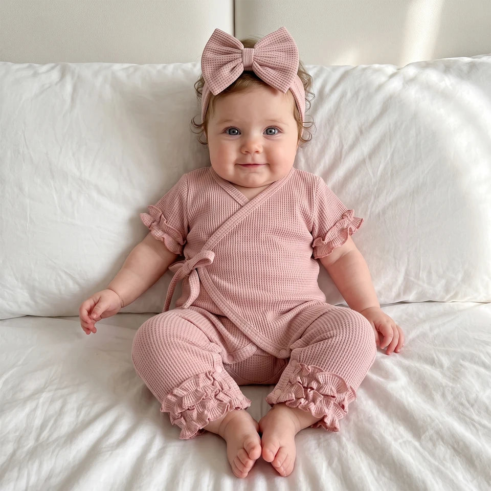Waffle Knit Ruffle Wrap Romper Set