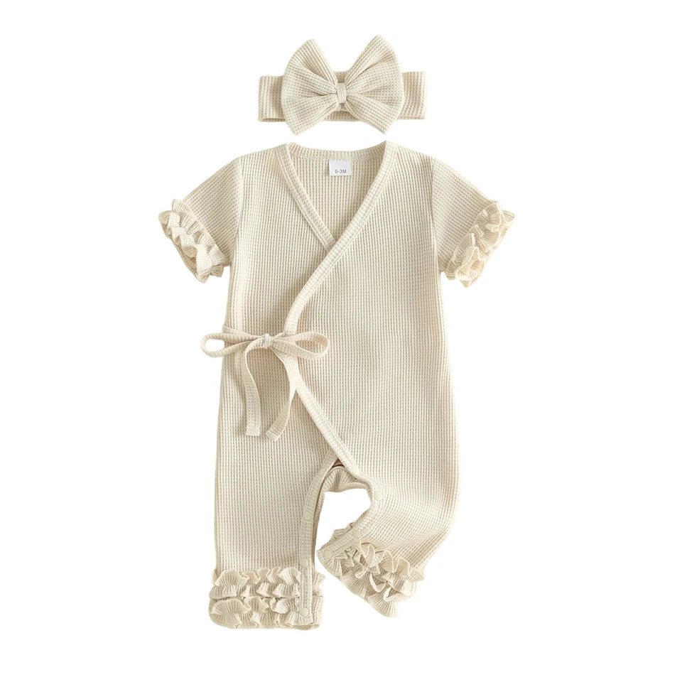 Waffle Knit Ruffle Wrap Romper Set