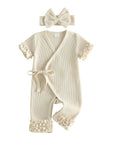 Waffle Knit Ruffle Wrap Romper Set