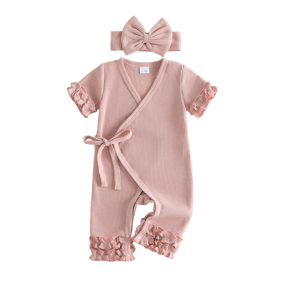 Waffle Knit Ruffle Wrap Romper Set