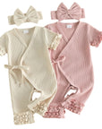 Waffle Knit Ruffle Wrap Romper Set