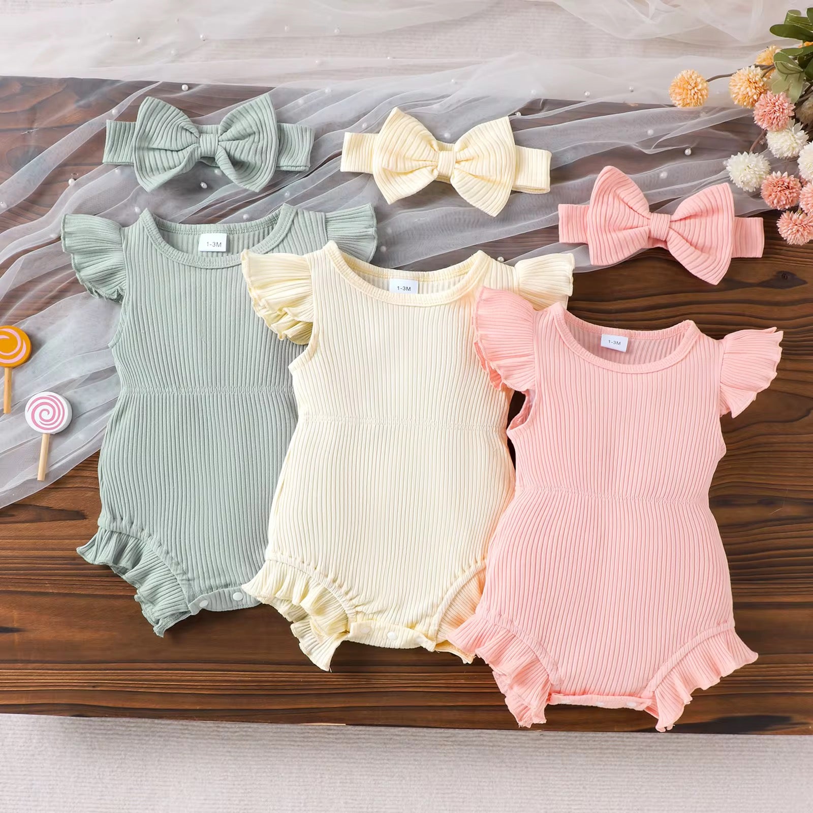 Ribbed Ruffle Romper + Bow Set