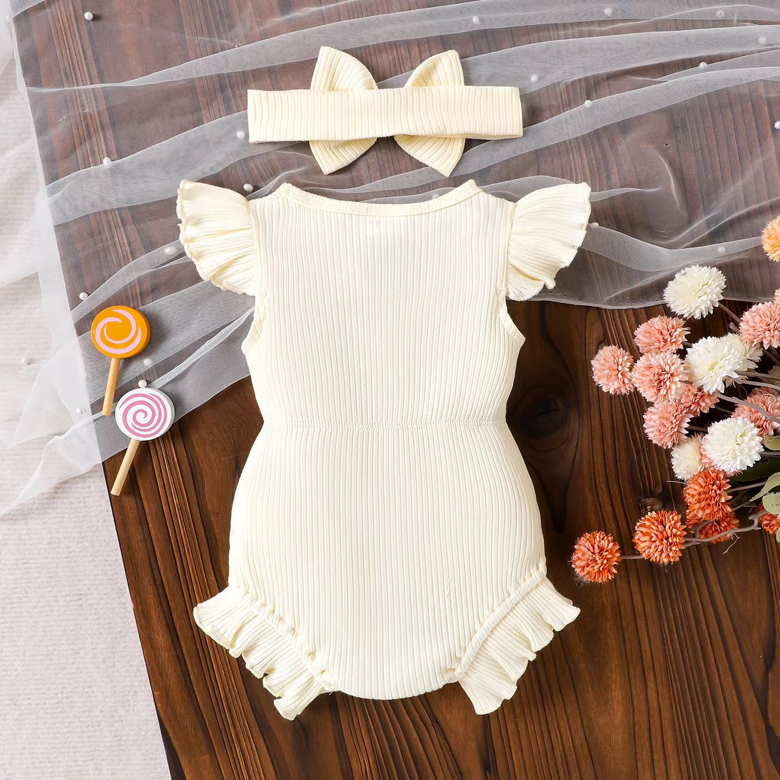 Ribbed Ruffle Romper + Bow Set