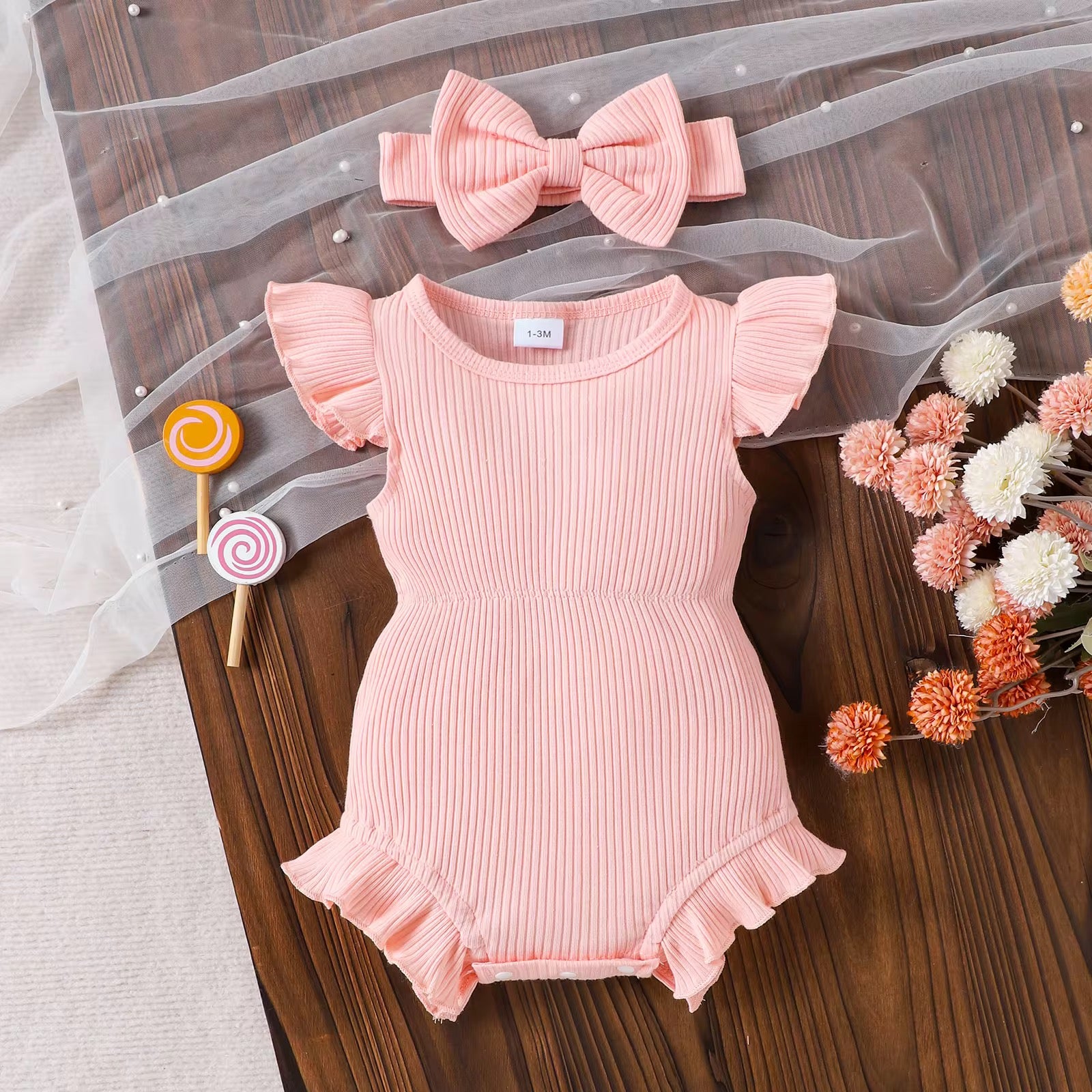 Ribbed Ruffle Romper + Bow Set
