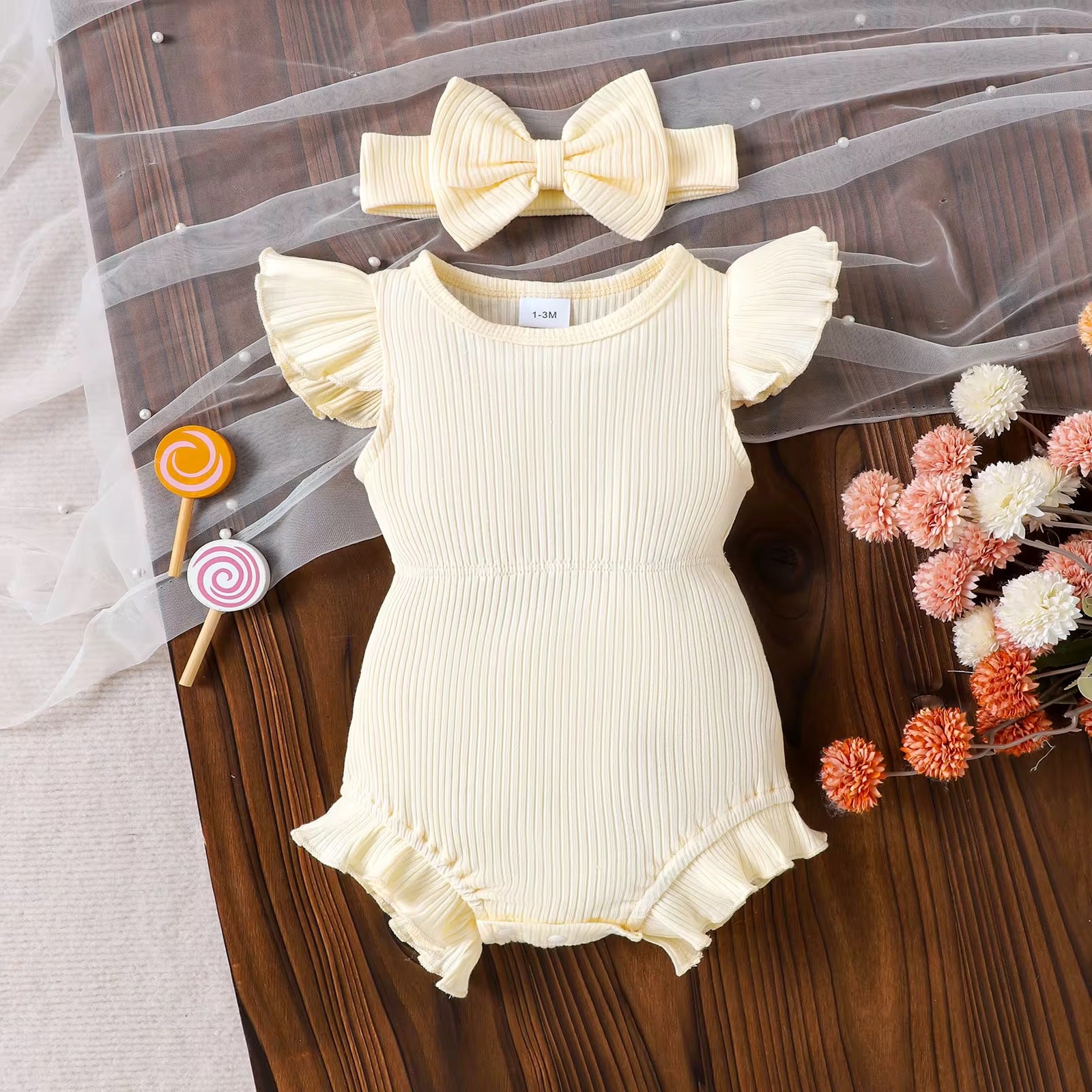 Ribbed Ruffle Romper + Bow Set