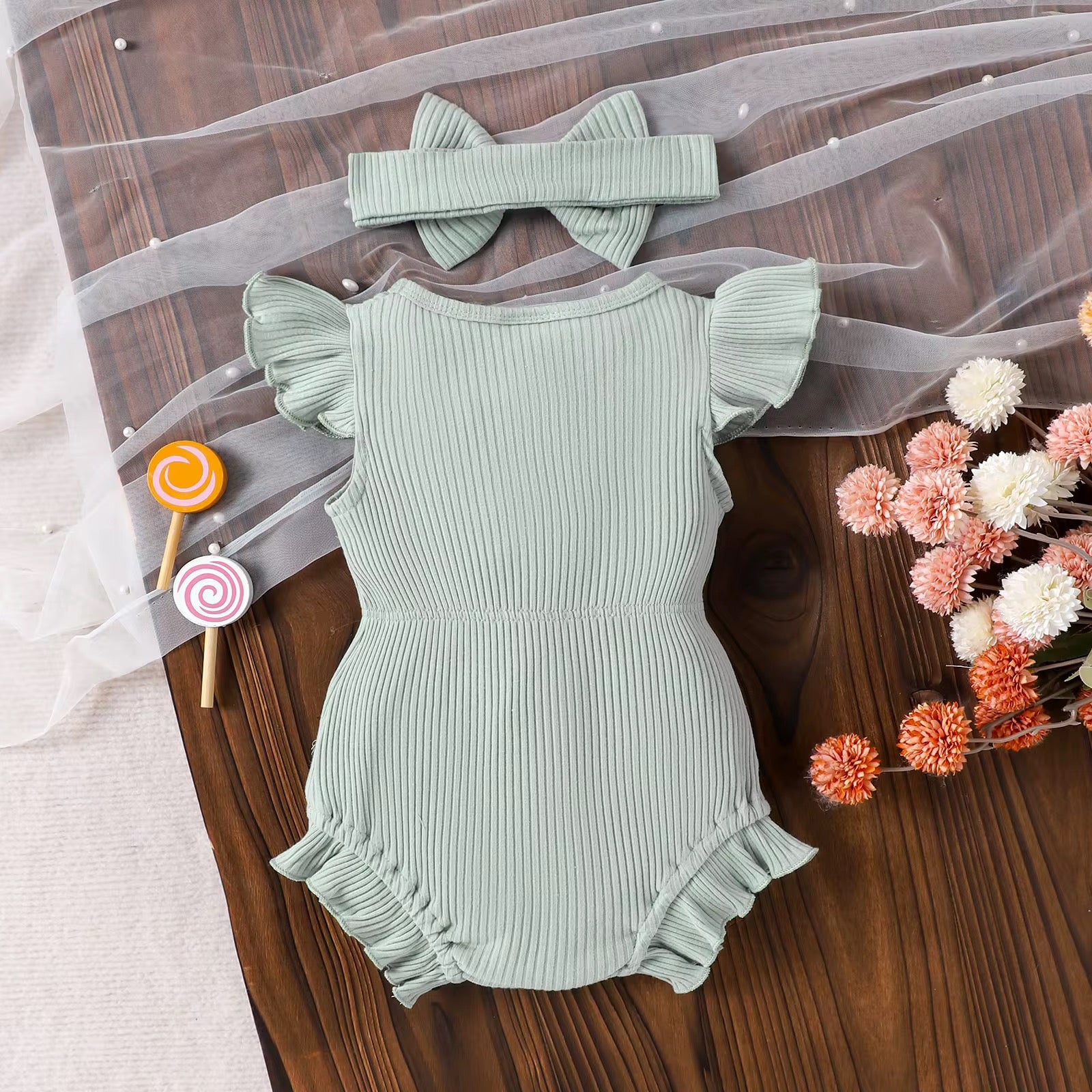 Ribbed Ruffle Romper + Bow Set