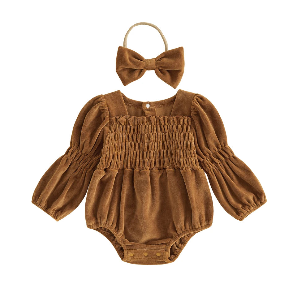 Smocked Velvet Romper + Bow
