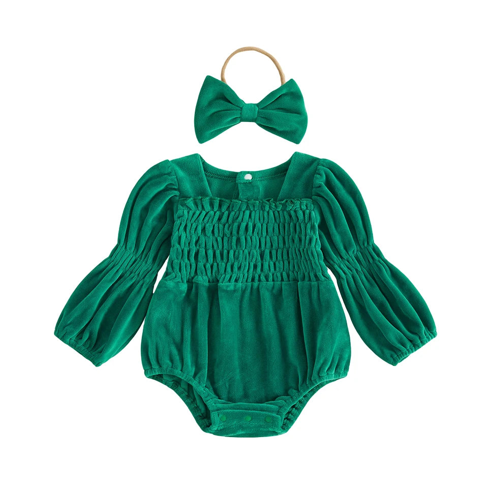 Smocked Velvet Romper + Bow