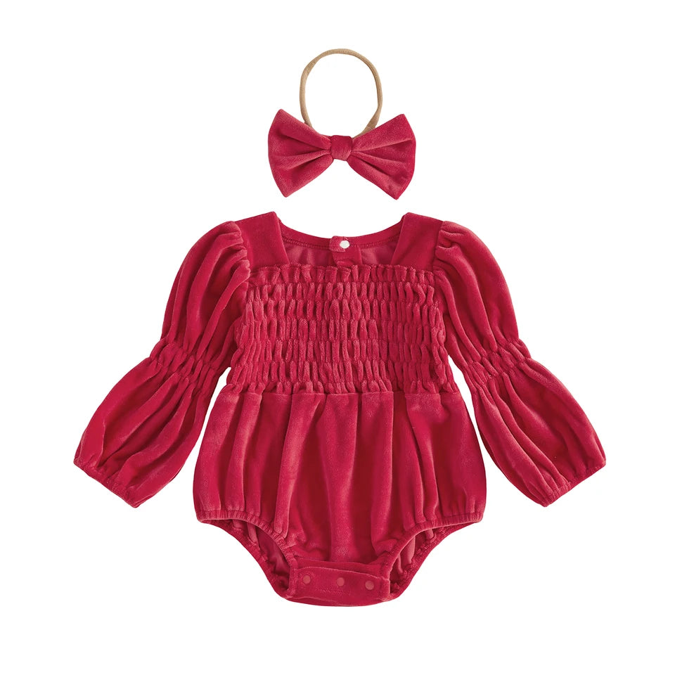 Smocked Velvet Romper + Bow