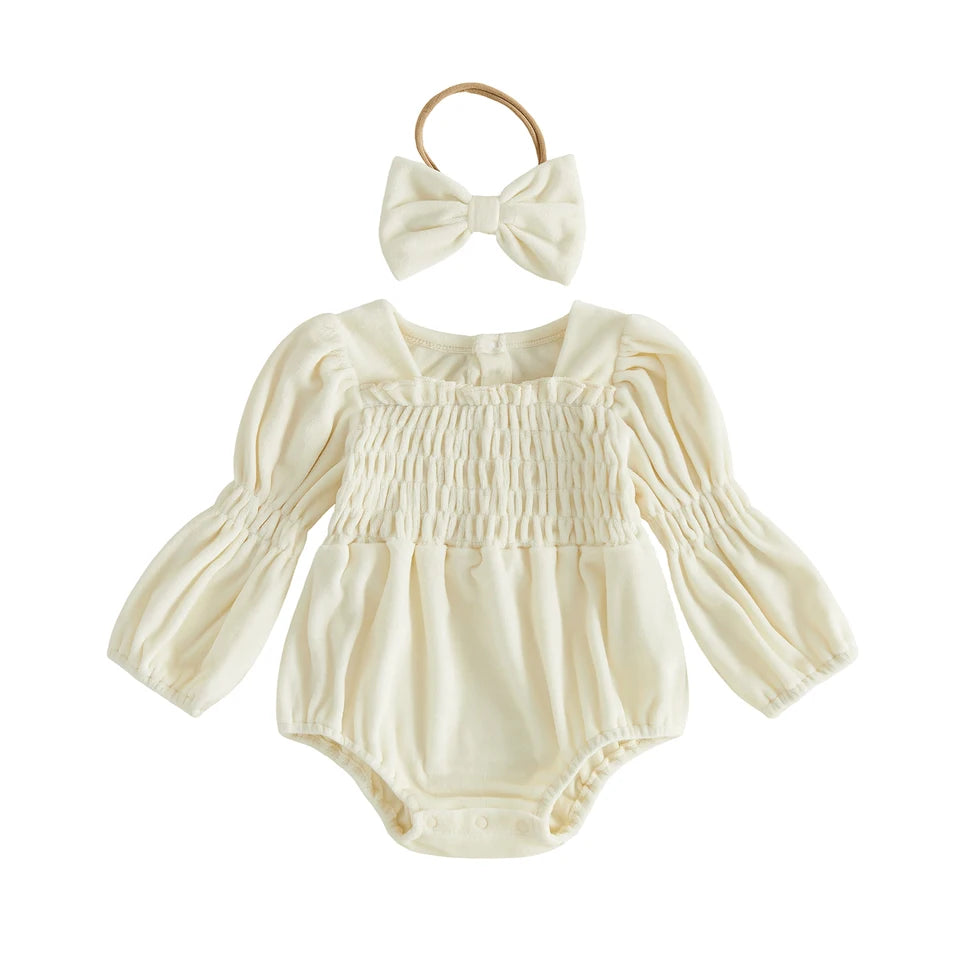 Smocked Velvet Romper + Bow