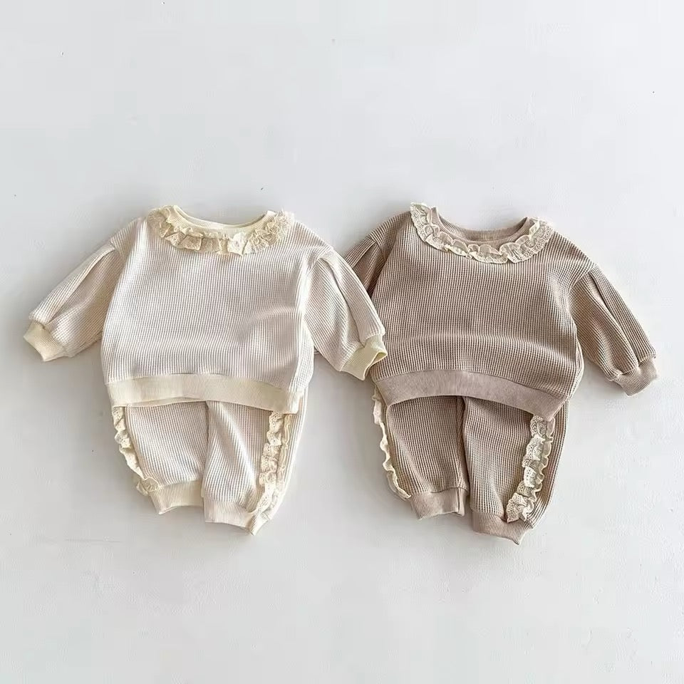 2pcs Waffle Lace Sweatsuit Set