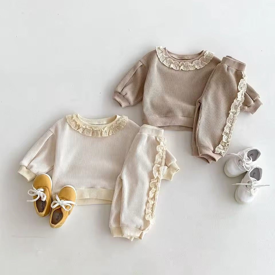 2pcs Waffle Lace Sweatsuit Set