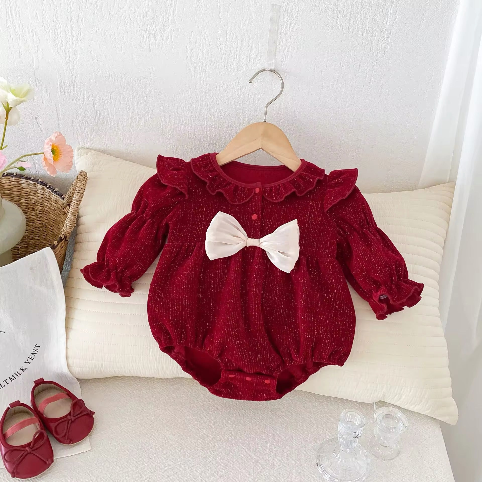 Long Sleeve Romper with Bow (Red)