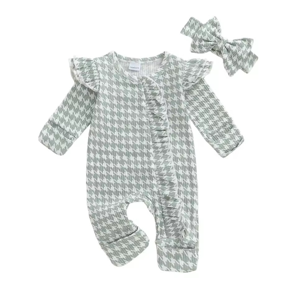 Houndstooth Ruffle Knit Romper Set
