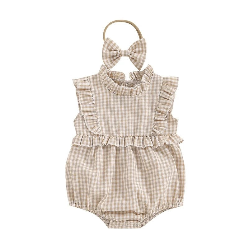 2pcs Ruffle Plaid Romper