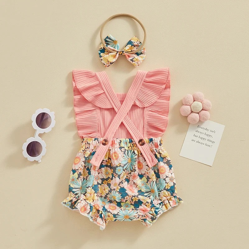 2pcs Ribbed Floral Romper