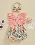 2pcs Ribbed Floral Romper