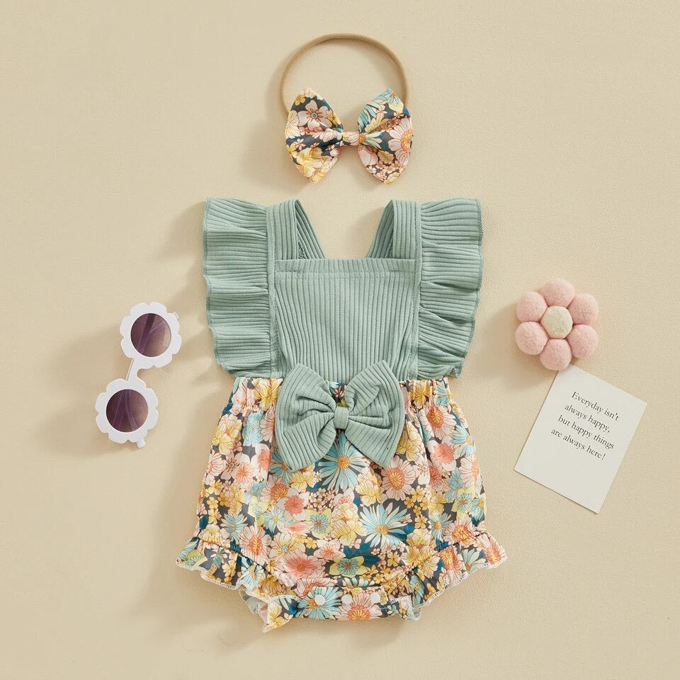 2pcs Ribbed Floral Romper