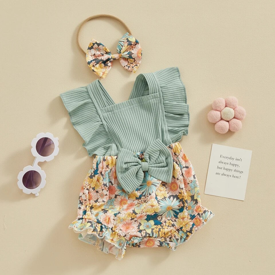 2pcs Ribbed Floral Romper