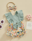 2pcs Ribbed Floral Romper