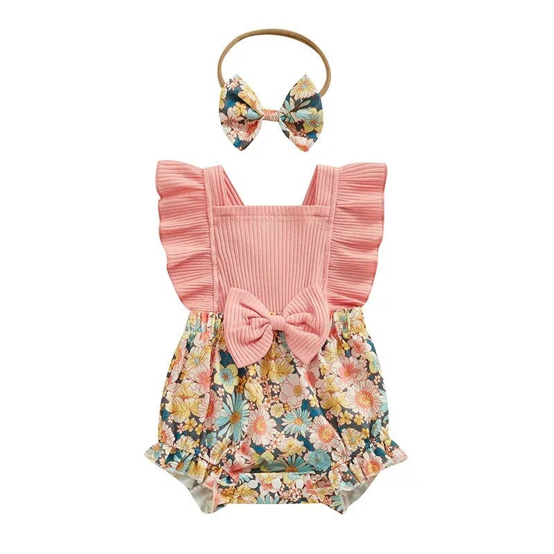 2pcs Ribbed Floral Romper