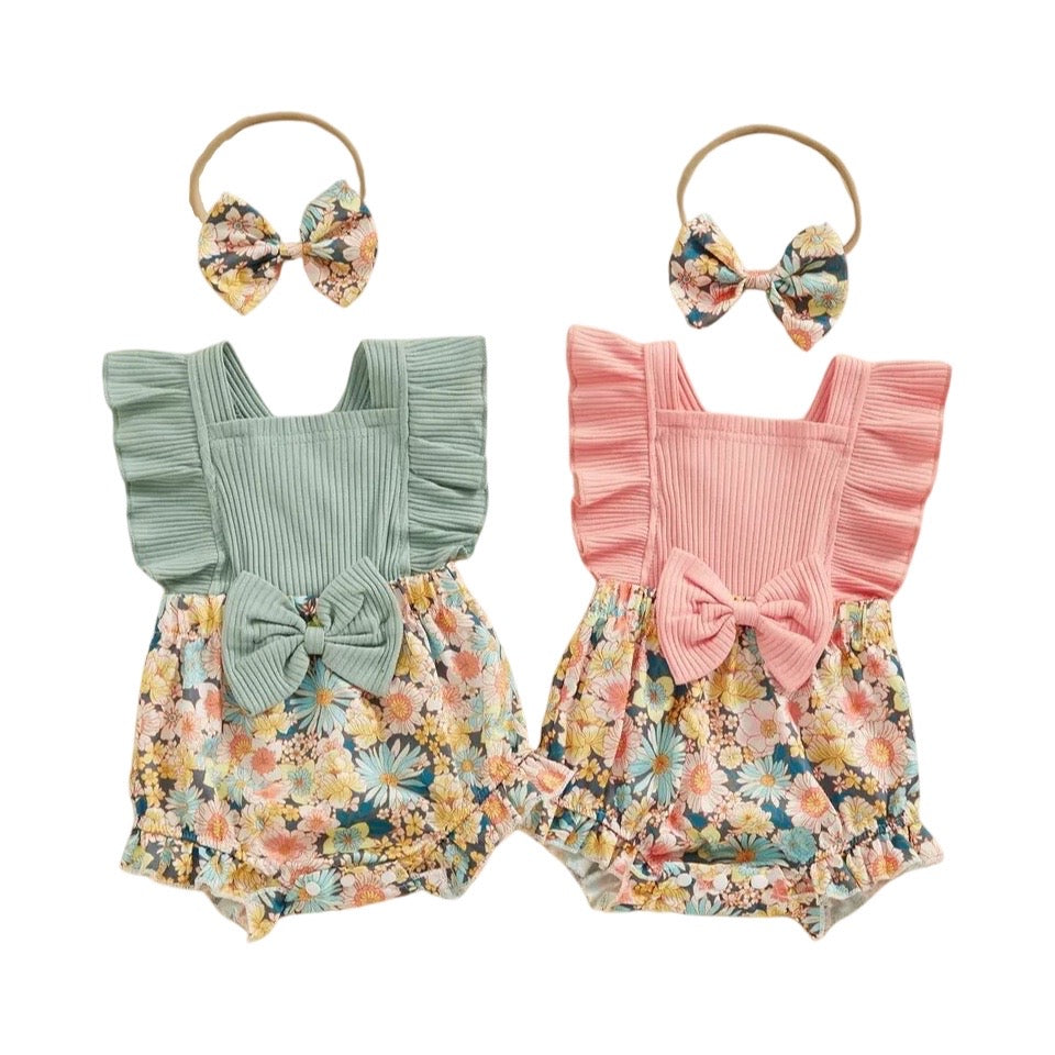 2pcs Ribbed Floral Romper