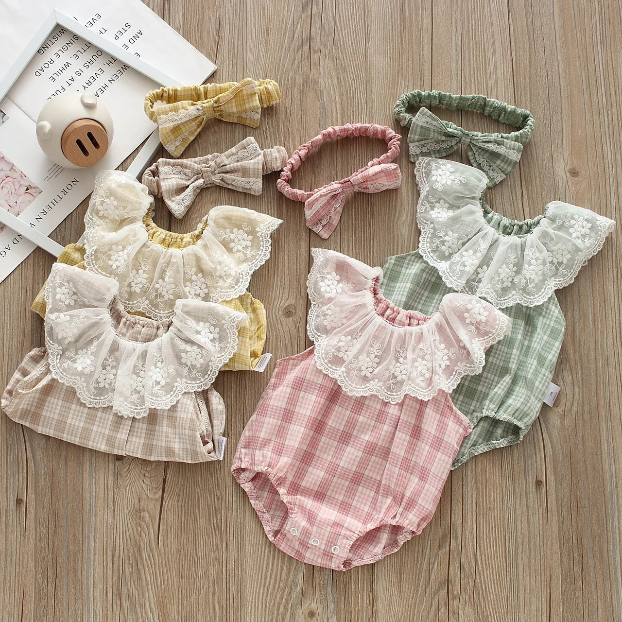 2PCS Plaid Lace Bodysuits