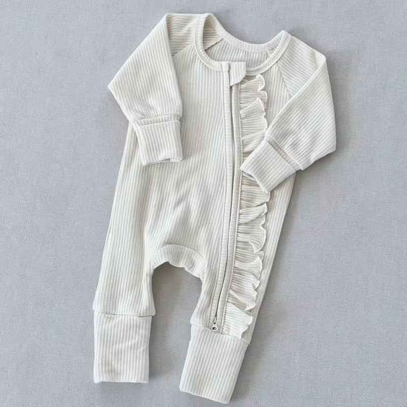 Ribbed Ruffle Zip Romper