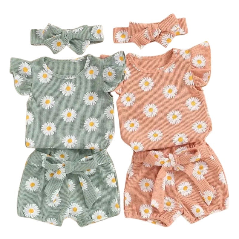 3pcs Floral Bow Shorts Set