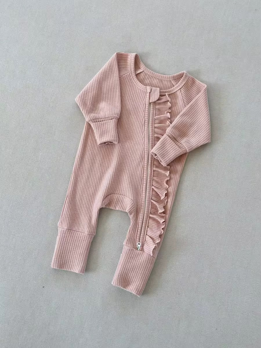 Ribbed Ruffle Zip Romper
