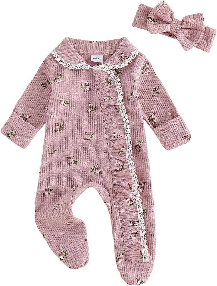 Vintage Bloom Waffle Knit Ruffle Footie &amp; Bow Set