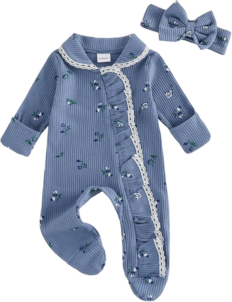 Vintage Bloom Waffle Knit Ruffle Footie &amp; Bow Set
