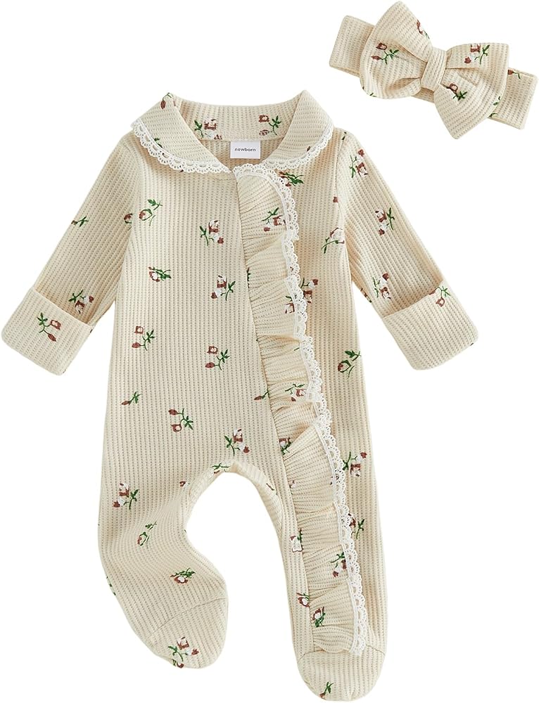 Vintage Bloom Waffle Knit Ruffle Footie &amp; Bow Set