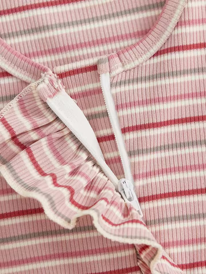 Pastel Stripe Ruffle Zip Romper Bow Set