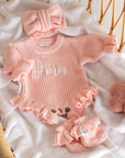 Chunky Knit Ruffle Romper - Blush Pink