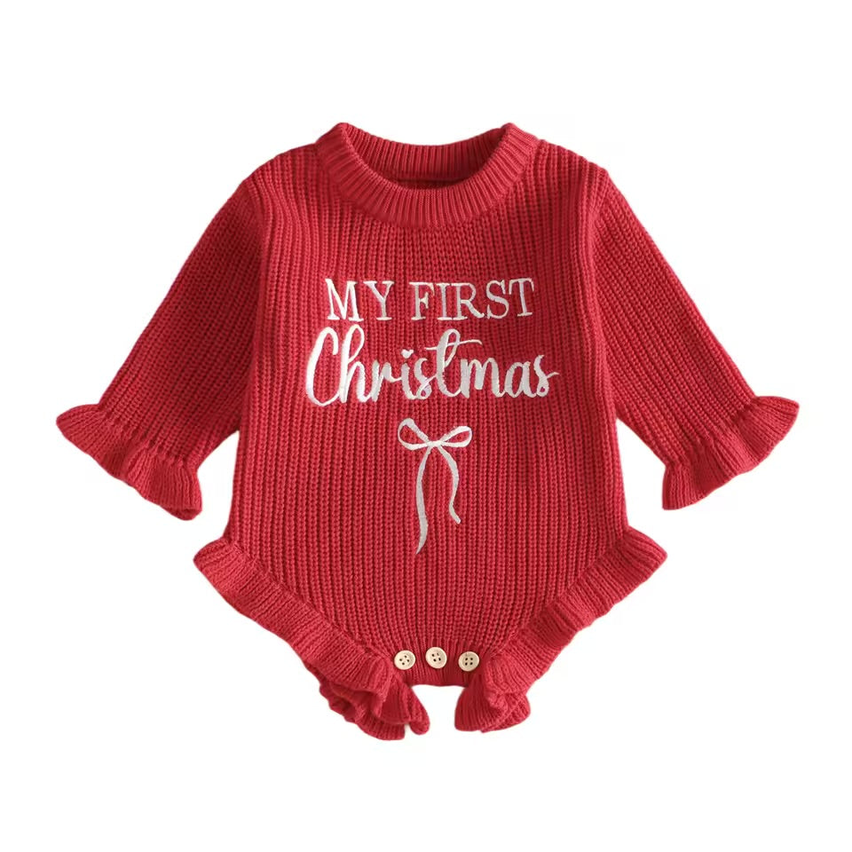 First Christmas Ruffle Sweater Romper